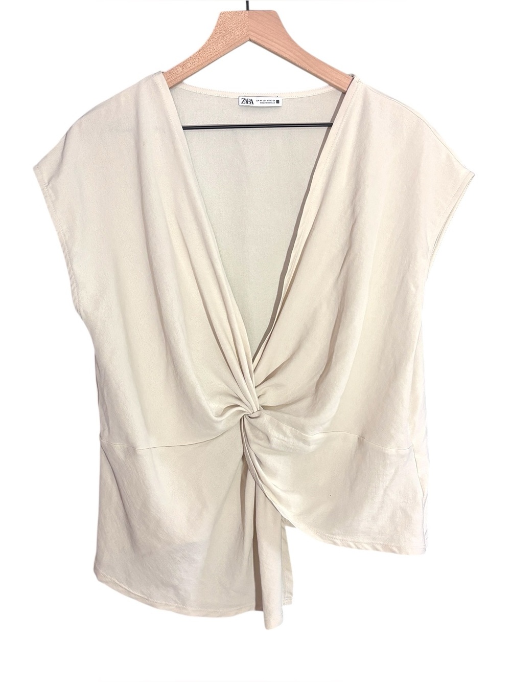 Zara Beige Twist-Front V-Neck Blouse Sz M